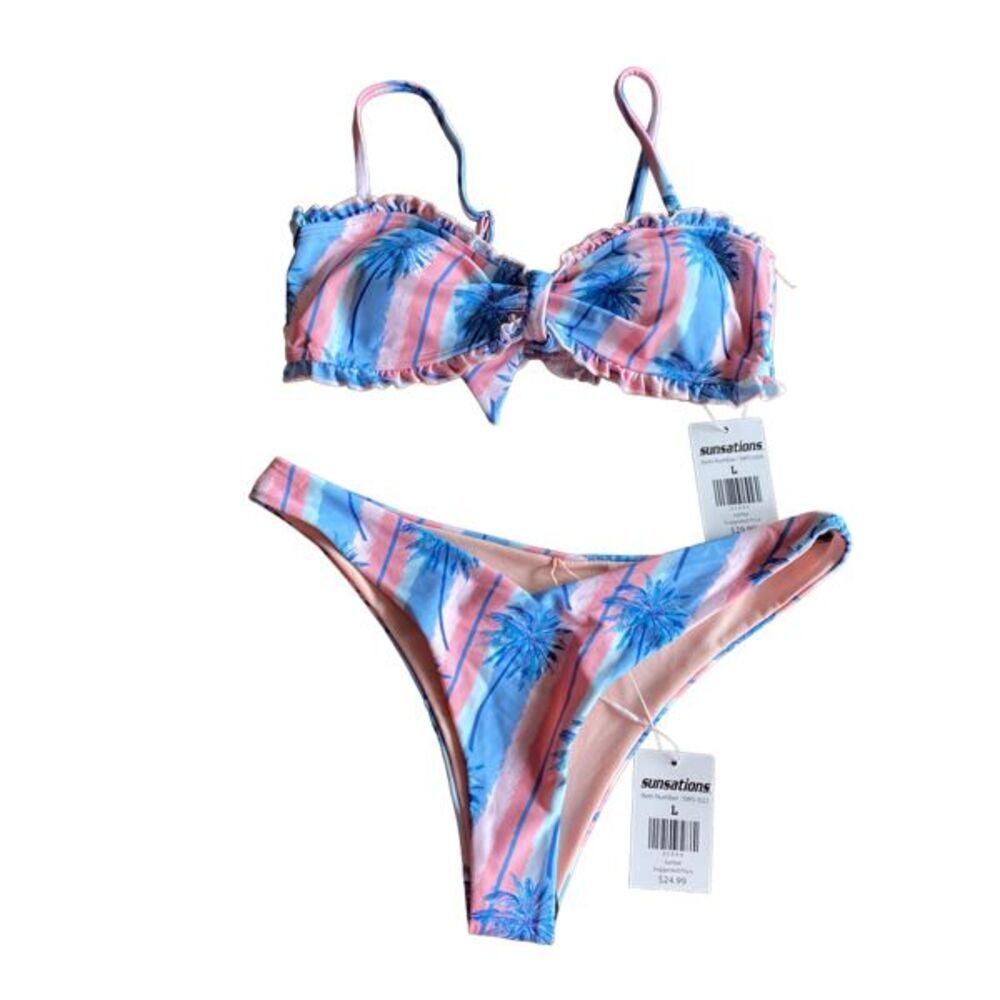 Sunsations Blue & Pink Palm Tree Bikini sz Large